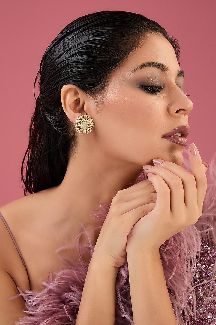 Gold Finish Moissanite Polki & CZ Stud Earrings In Sterling Silver by STELLA CREATIONS at Pernia's Pop Up Shop