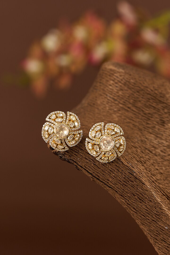Gold Finish Moissanite Polki & CZ Stud Earrings In Sterling Silver by STELLA CREATIONS at Pernia's Pop Up Shop