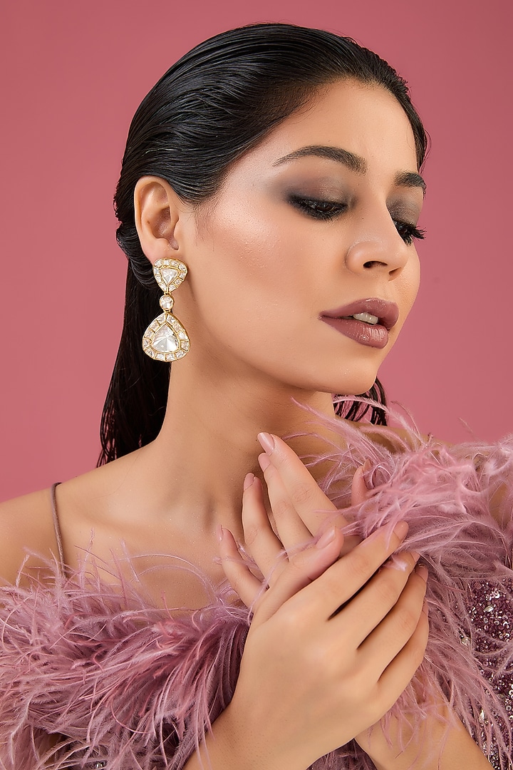 Gold Finish Moissanite Polki & CZ Dangler Earrings In Sterling Silver by STELLA CREATIONS at Pernia's Pop Up Shop