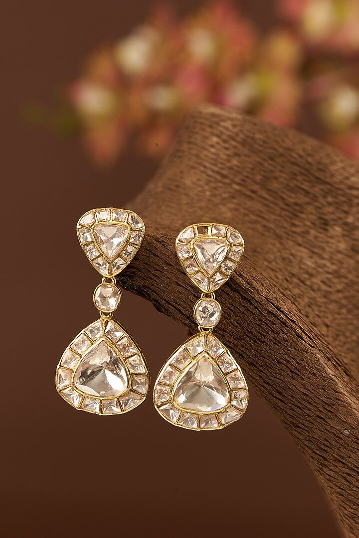 Gold Finish Moissanite Polki & CZ Dangler Earrings In Sterling Silver by STELLA CREATIONS at Pernia's Pop Up Shop
