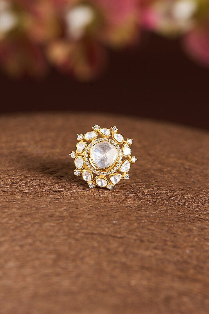 Gold Finish Moissanite Polki & CZ Ring In Sterling Silver by STELLA CREATIONS at Pernia's Pop Up Shop