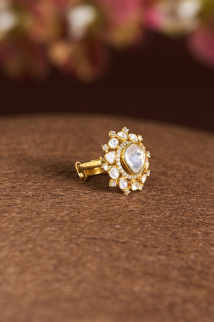 Gold Finish Moissanite Polki & CZ Ring In Sterling Silver by STELLA CREATIONS at Pernia's Pop Up Shop