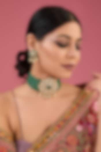 Gold Finish Moissanite Polki & Emerald Choker Necklace Set In Sterling Silver by STELLA CREATIONS at Pernia's Pop Up Shop