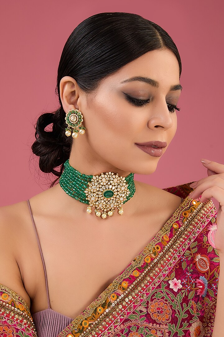 Gold Finish Moissanite Polki & Emerald Choker Necklace Set In Sterling Silver by STELLA CREATIONS at Pernia's Pop Up Shop