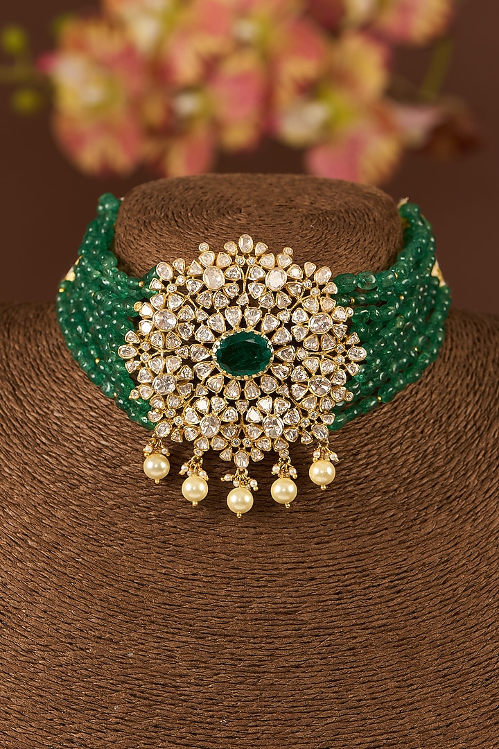 Gold Finish Moissanite Polki & Emerald Choker Necklace Set In Sterling Silver by STELLA CREATIONS at Pernia's Pop Up Shop