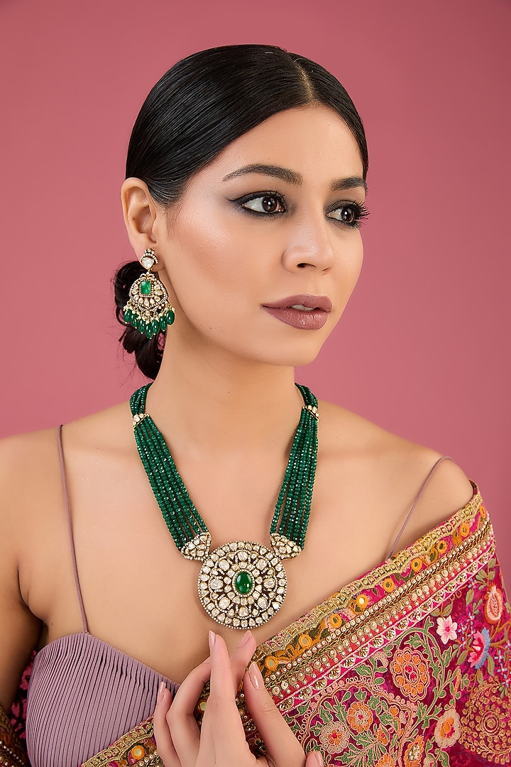 Antique Gold Finish Moissanite Polki & Emerald Necklace Set In Sterling Silver by STELLA CREATIONS at Pernia's Pop Up Shop
