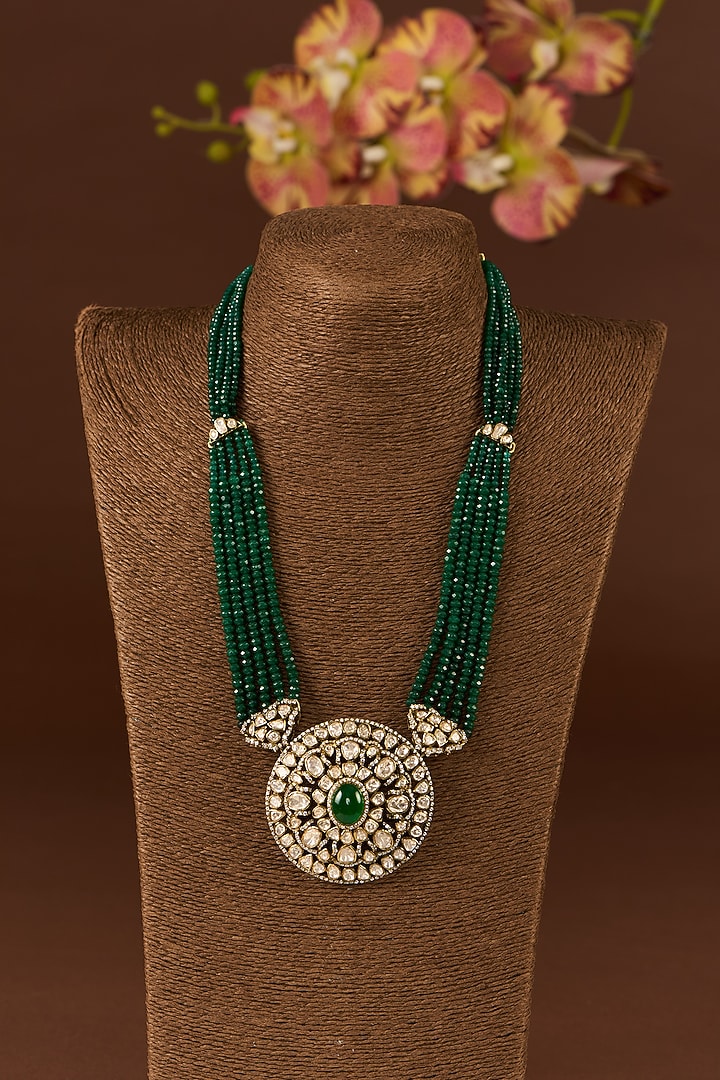 Antique Gold Finish Moissanite Polki & Emerald Necklace Set In Sterling Silver by STELLA CREATIONS at Pernia's Pop Up Shop