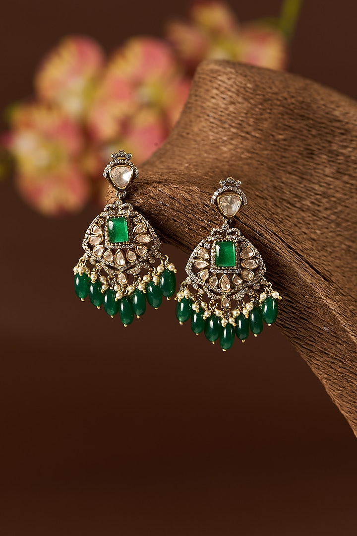Antique Gold Finish Moissanite Polki & Emerald Necklace Set In Sterling Silver by STELLA CREATIONS at Pernia's Pop Up Shop