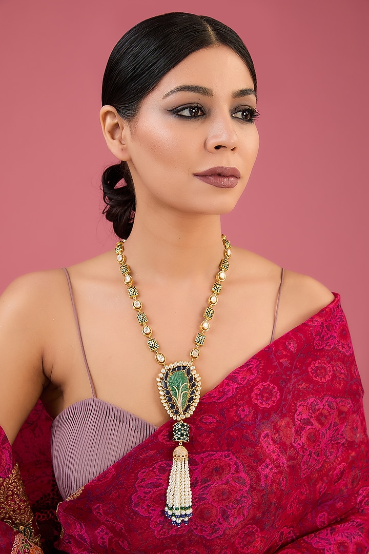 Gold Finish Moissanite Polki & Emerald Necklace In Sterling Silver by STELLA CREATIONS at Pernia's Pop Up Shop