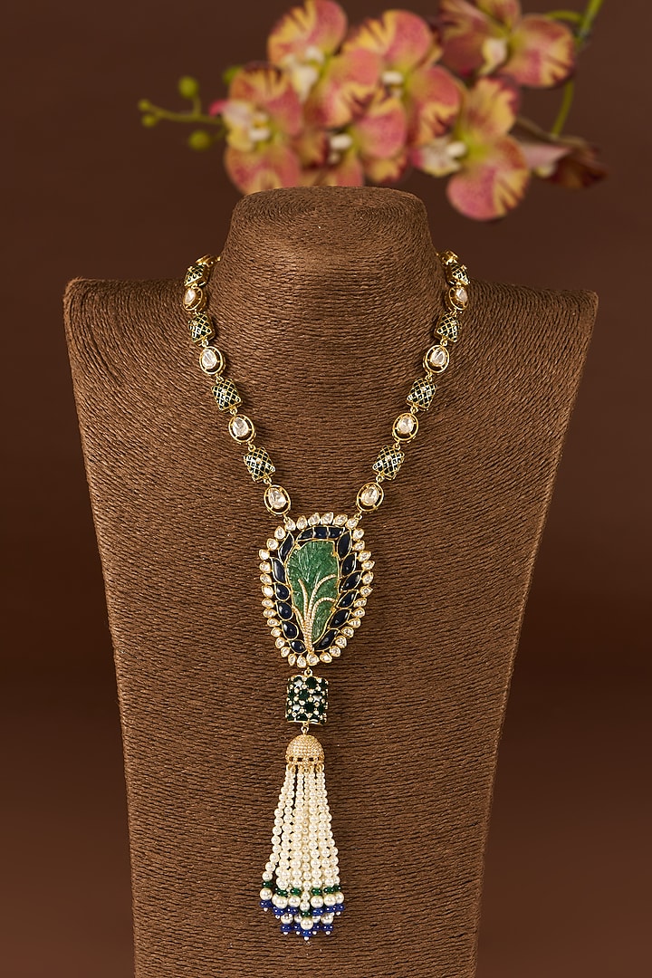 Gold Finish Moissanite Polki & Emerald Necklace In Sterling Silver by STELLA CREATIONS at Pernia's Pop Up Shop