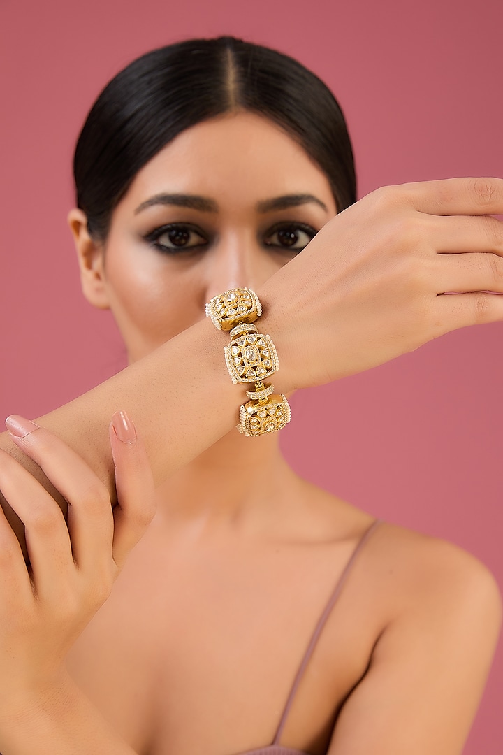 Gold Finish Moissanite Polki & CZ Bracelet In Sterling Silver by STELLA CREATIONS at Pernia's Pop Up Shop