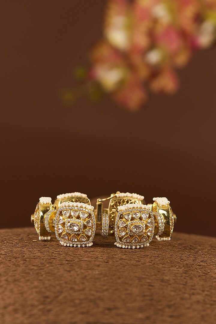 Gold Finish Moissanite Polki & CZ Bracelet In Sterling Silver by STELLA CREATIONS at Pernia's Pop Up Shop