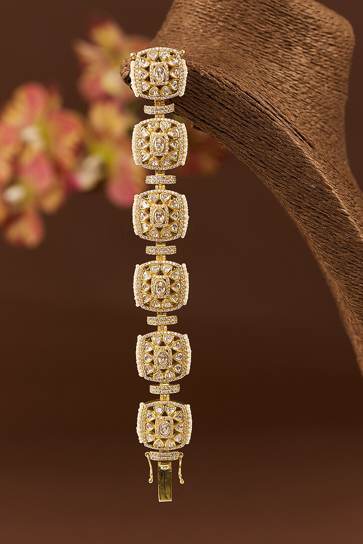 Gold Finish Moissanite Polki & CZ Bracelet In Sterling Silver by STELLA CREATIONS at Pernia's Pop Up Shop
