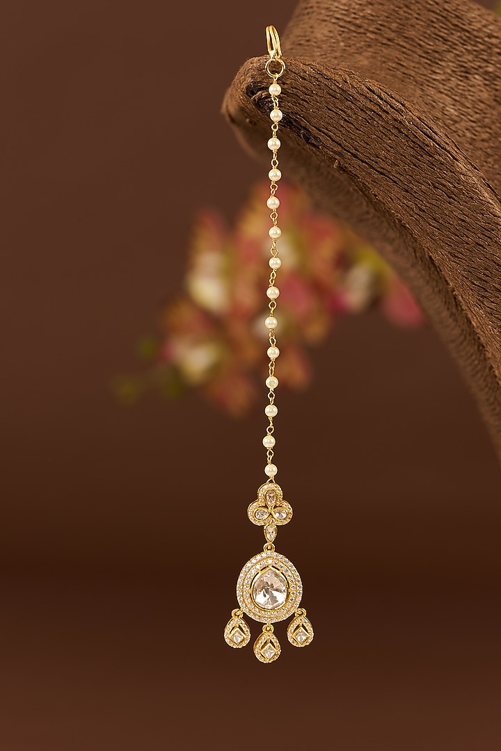 Gold Finish Moissanite Polki & CZ Maang Tikka In Sterling Silver by STELLA CREATIONS at Pernia's Pop Up Shop