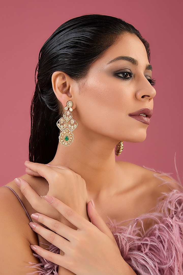 Gold Finish Moissanite Polki & CZ Dangler Earrings In Sterling Silver by STELLA CREATIONS at Pernia's Pop Up Shop
