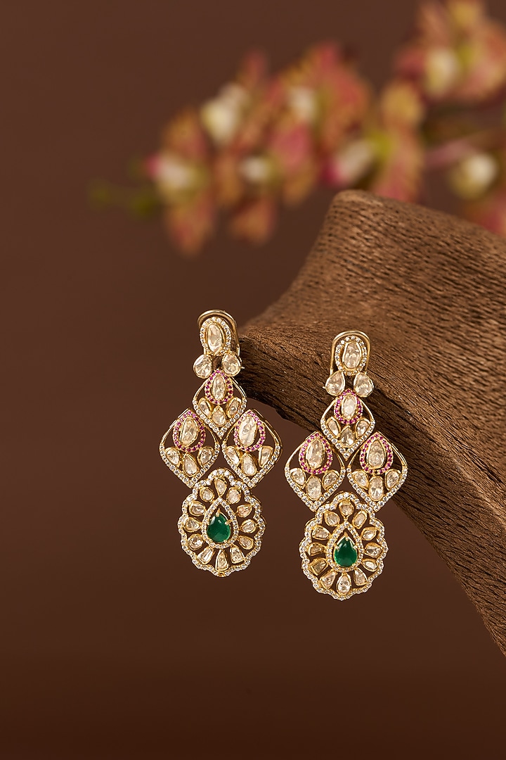 Gold Finish Moissanite Polki & CZ Dangler Earrings In Sterling Silver by STELLA CREATIONS at Pernia's Pop Up Shop