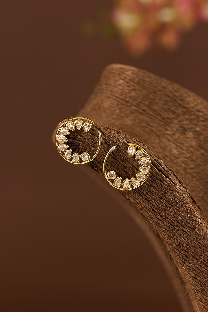 Gold Finish Moissanite Polki Hoop Earrings In Sterling Silver by STELLA CREATIONS at Pernia's Pop Up Shop