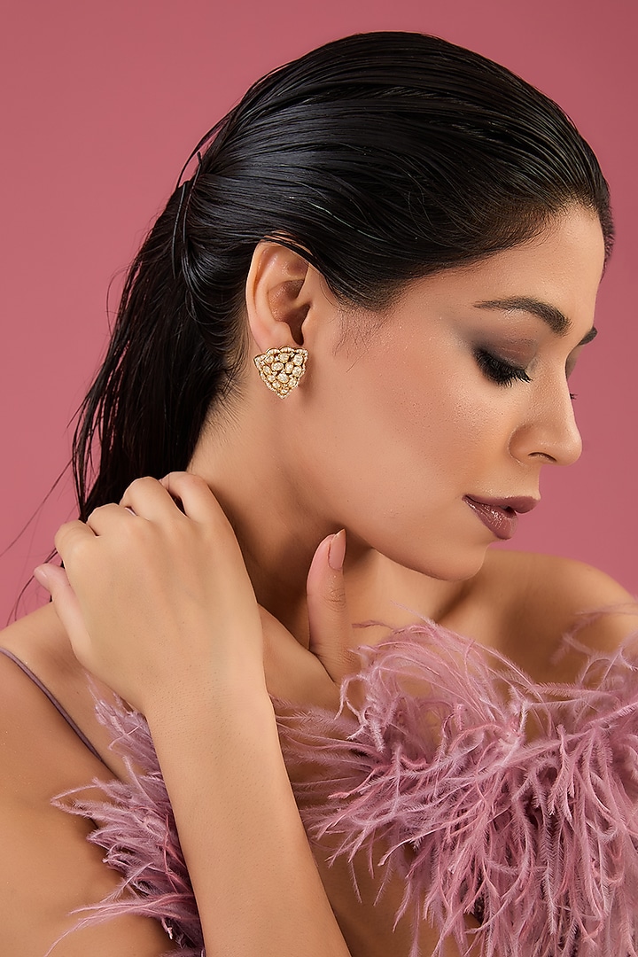 Gold Finish Moissanite Polki Stud Earrings In Sterling Silver by STELLA CREATIONS at Pernia's Pop Up Shop