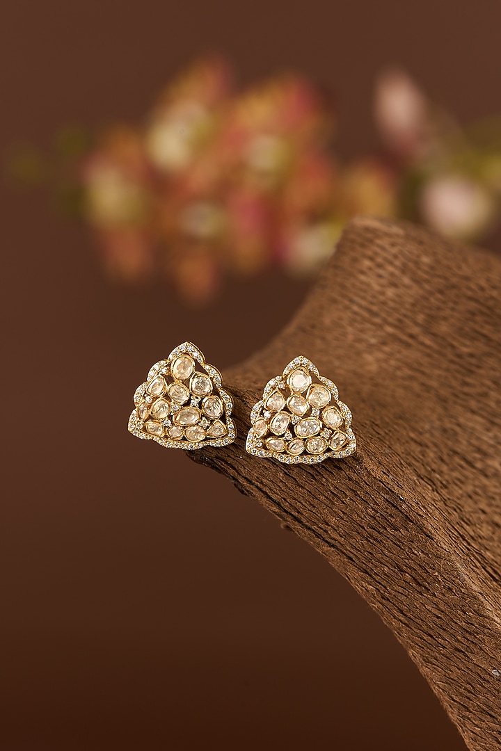 Gold Finish Moissanite Polki Stud Earrings In Sterling Silver by STELLA CREATIONS at Pernia's Pop Up Shop