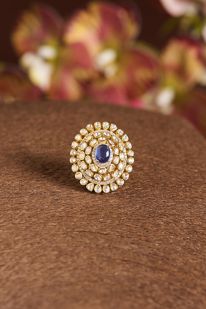 Gold Finish Moissanite Polki & Sapphire Ring In Sterling Silver by STELLA CREATIONS at Pernia's Pop Up Shop