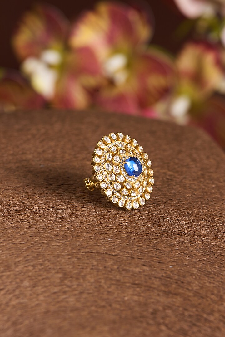 Gold Finish Moissanite Polki & Sapphire Ring In Sterling Silver by STELLA CREATIONS at Pernia's Pop Up Shop