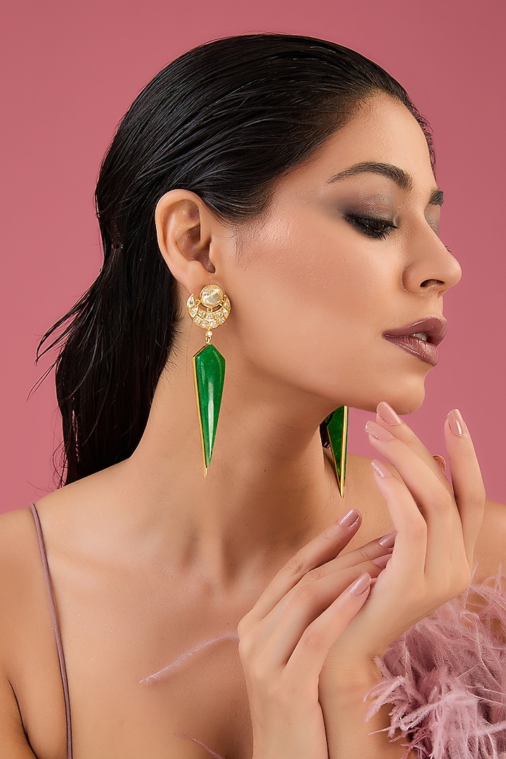 Gold Finish Moissanite Polki & Emerald Dangler Earrings In Sterling Silver by STELLA CREATIONS at Pernia's Pop Up Shop