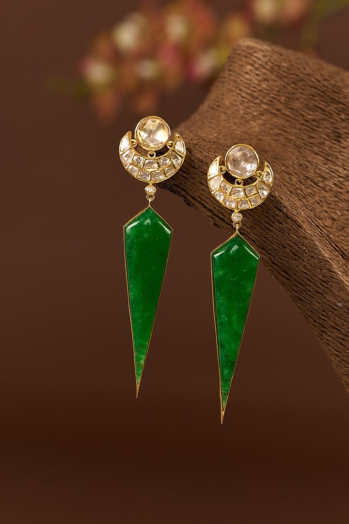 Gold Finish Moissanite Polki & Emerald Dangler Earrings In Sterling Silver by STELLA CREATIONS at Pernia's Pop Up Shop