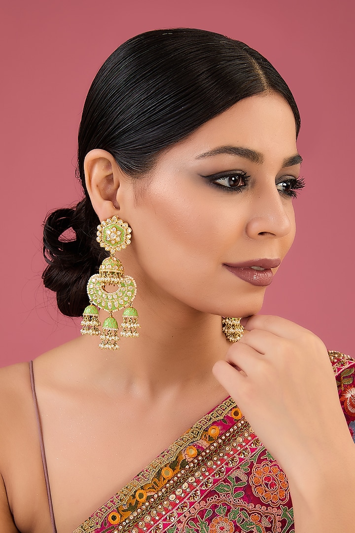 Gold Finish Moissanite Polki Enameled Chandbali Earrings In Sterling Silver by STELLA CREATIONS at Pernia's Pop Up Shop