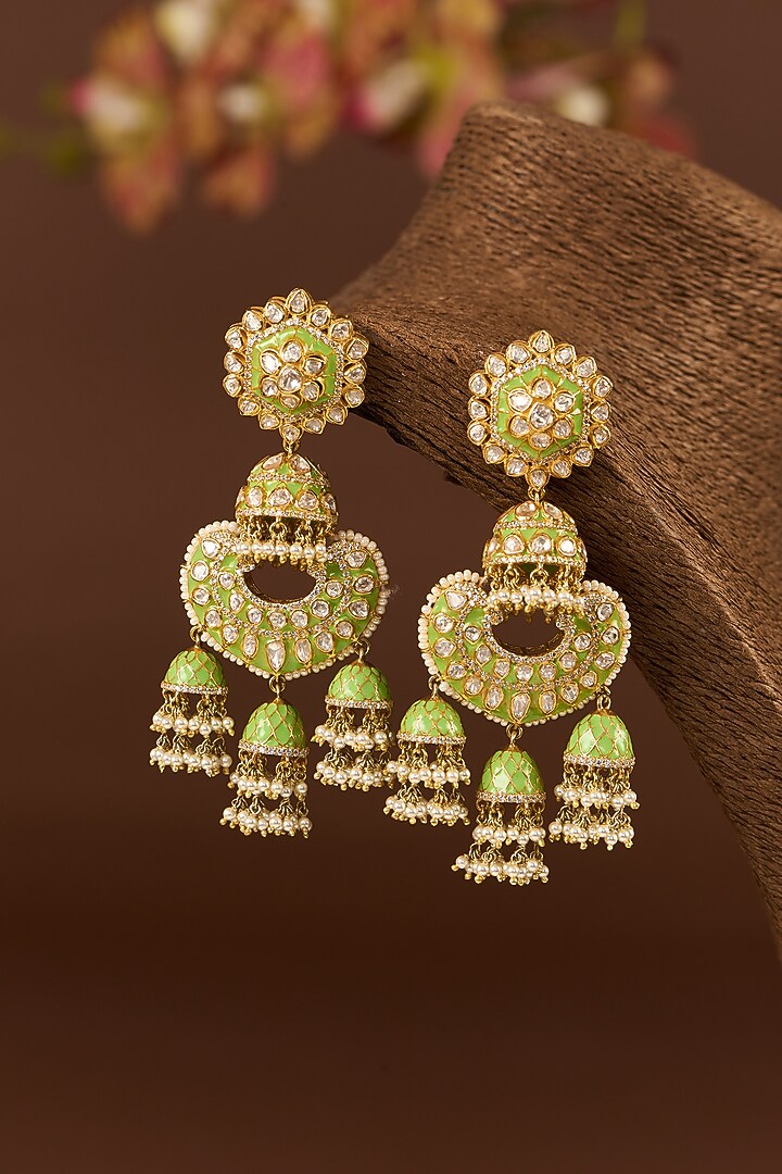 Gold Finish Moissanite Polki Enameled Chandbali Earrings In Sterling Silver by STELLA CREATIONS at Pernia's Pop Up Shop