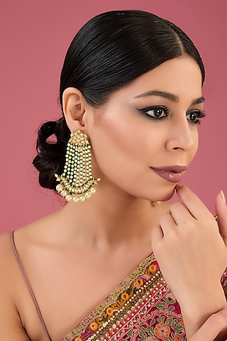 Gold Finish Moissanite Polki & Emerald Dangler Earrings In Sterling Silver by STELLA CREATIONS