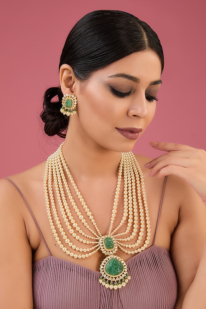 Gold Finish Moissanite Polki & Emerald Long Necklace Set In Sterling Silver by STELLA CREATIONS at Pernia's Pop Up Shop