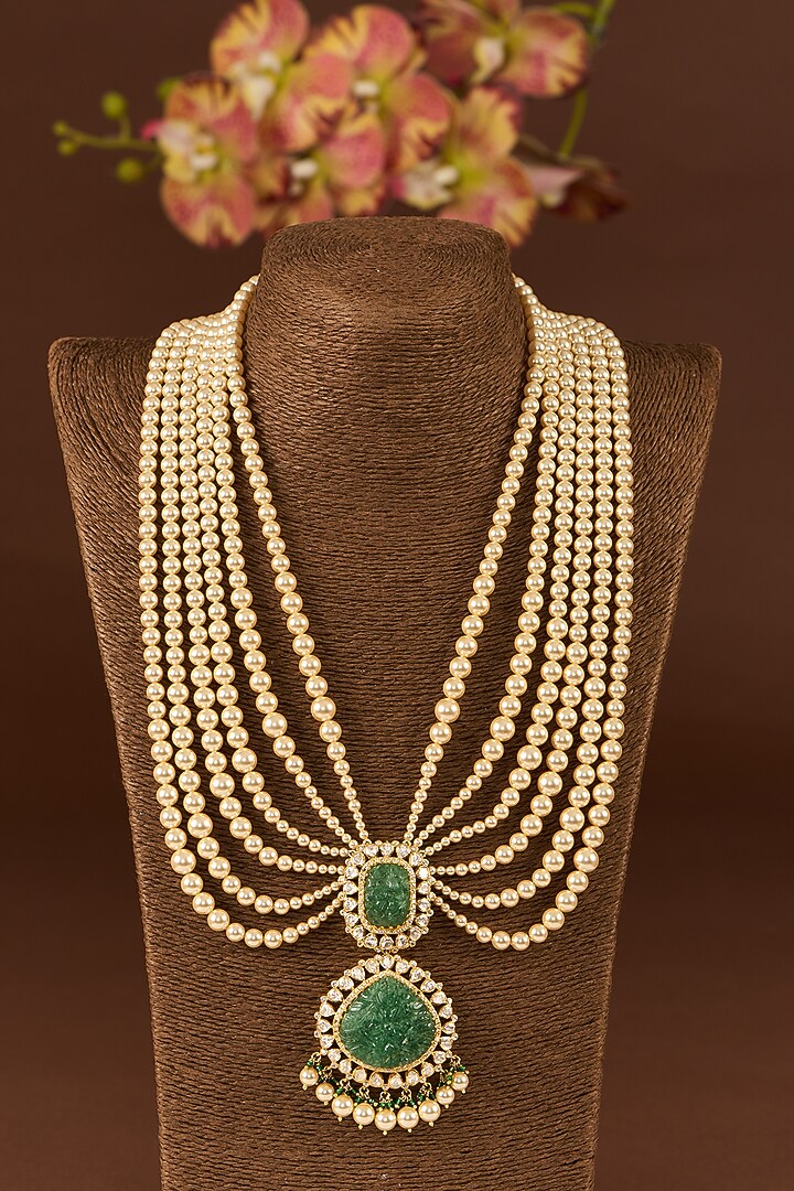 Gold Finish Moissanite Polki & Emerald Long Necklace Set In Sterling Silver by STELLA CREATIONS at Pernia's Pop Up Shop
