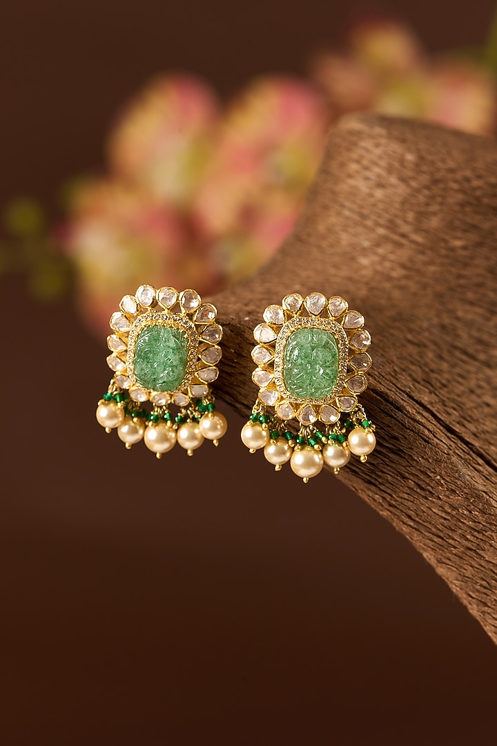 Gold Finish Moissanite Polki & Emerald Long Necklace Set In Sterling Silver by STELLA CREATIONS at Pernia's Pop Up Shop