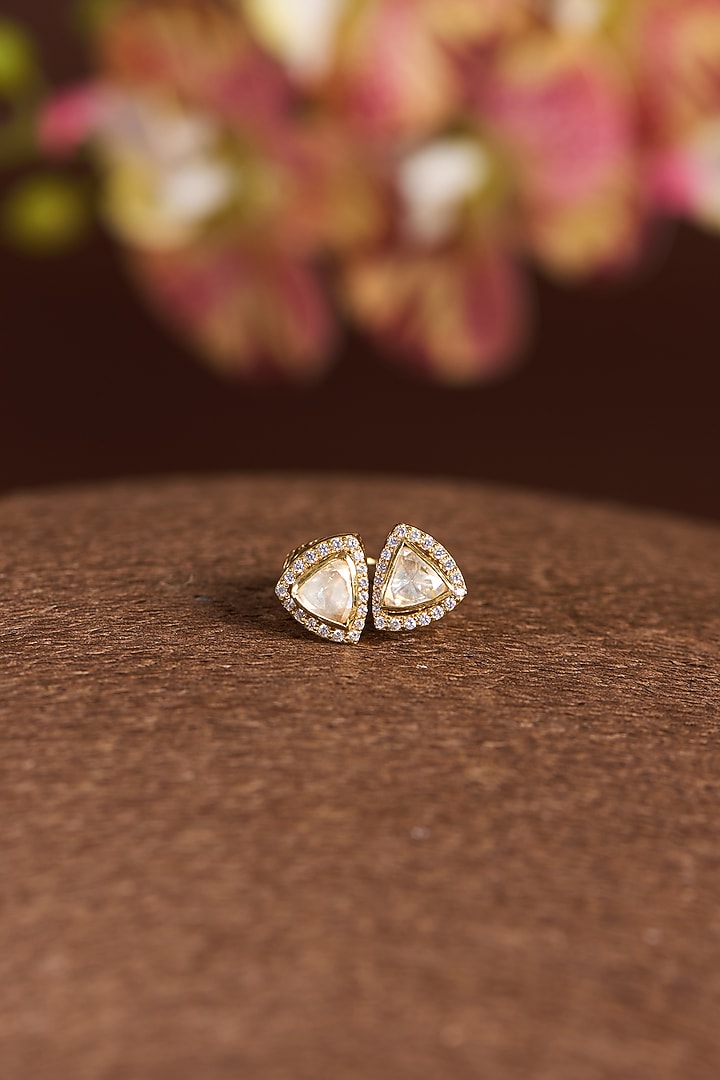 Gold Finish Moissanite Polki & CZ Ring In Sterling Silver by STELLA CREATIONS at Pernia's Pop Up Shop