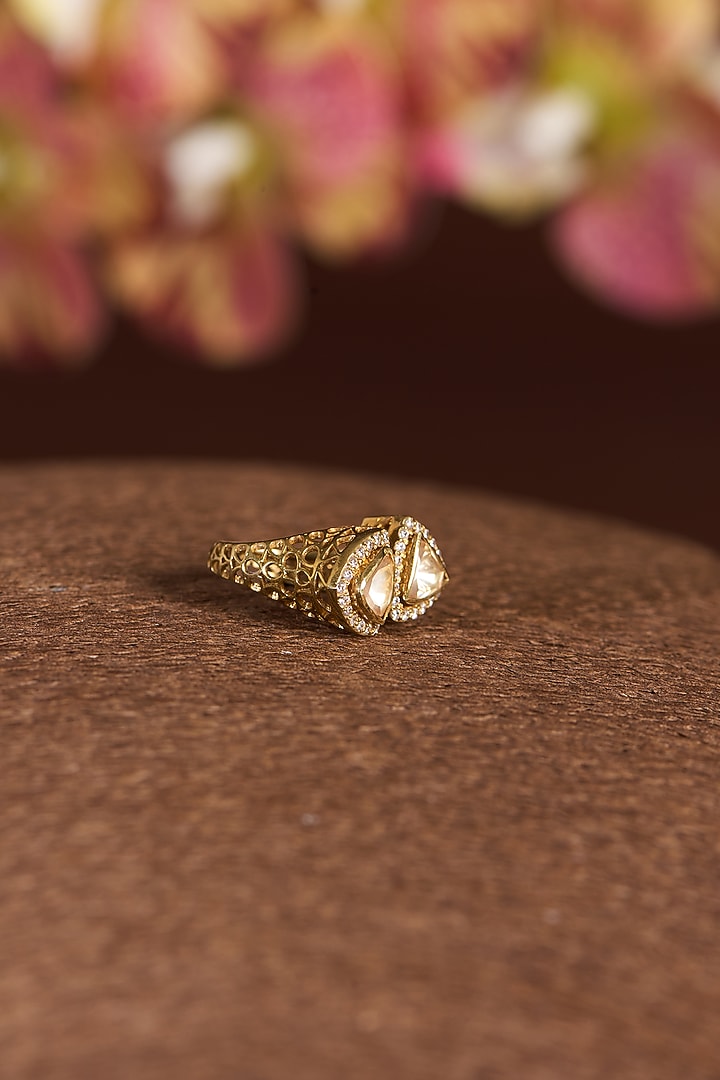 Gold Finish Moissanite Polki & CZ Ring In Sterling Silver by STELLA CREATIONS at Pernia's Pop Up Shop