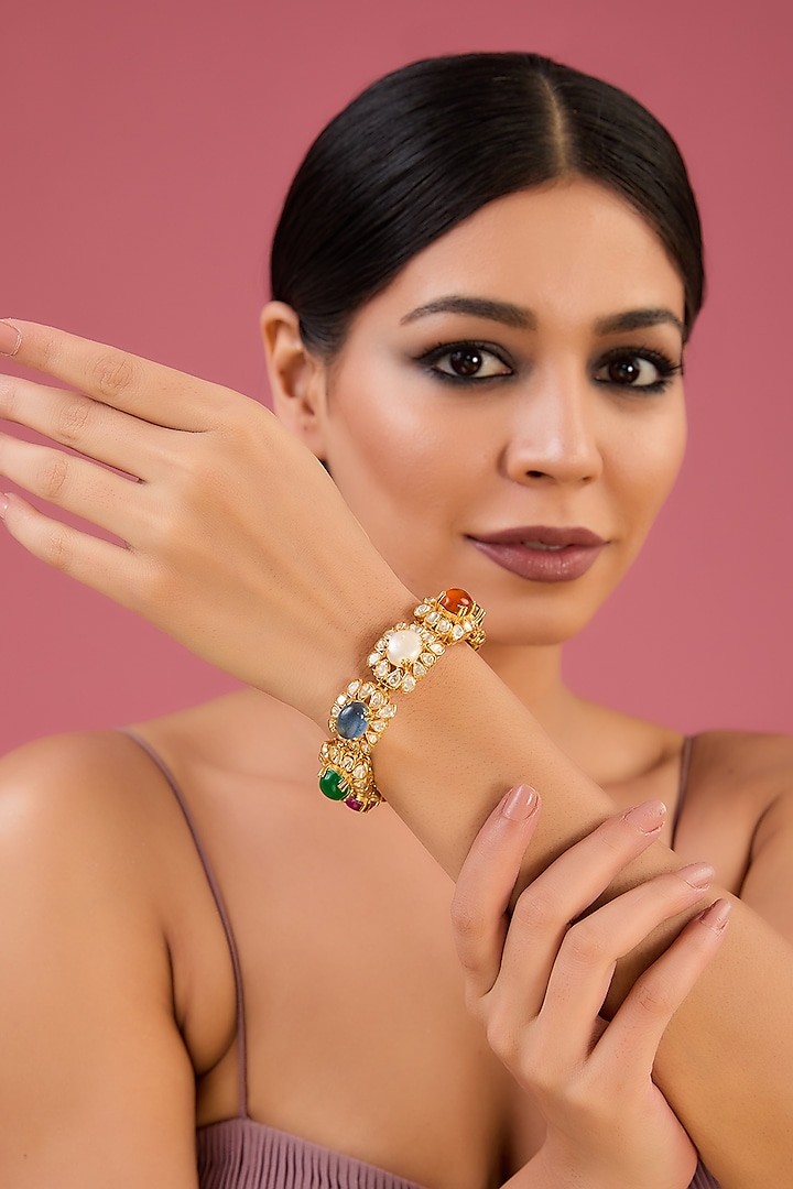 Gold Finish Moissanite Polki & Navratna Stone Bangle In Sterling Silver by STELLA CREATIONS at Pernia's Pop Up Shop