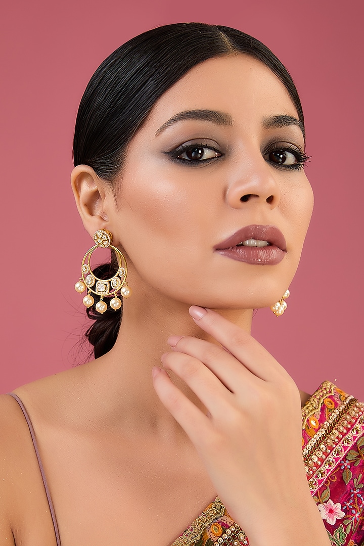 Gold Finish Moissanite Polki & Pearl Chandbali Earrings In Sterling Silver by STELLA CREATIONS at Pernia's Pop Up Shop