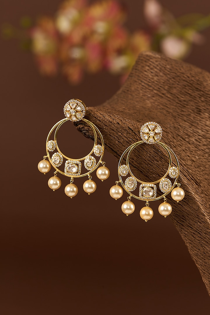 Gold Finish Moissanite Polki & Pearl Chandbali Earrings In Sterling Silver by STELLA CREATIONS at Pernia's Pop Up Shop