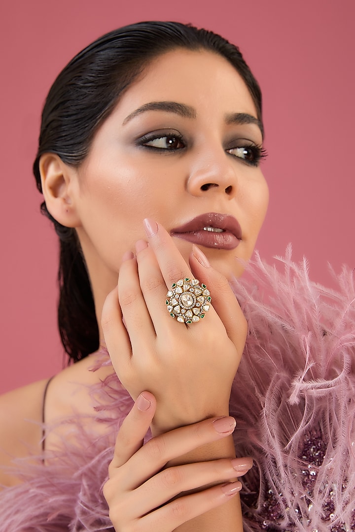 Gold Finish Moissanite Polki & Emerald Ring In Sterling Silver by STELLA CREATIONS at Pernia's Pop Up Shop