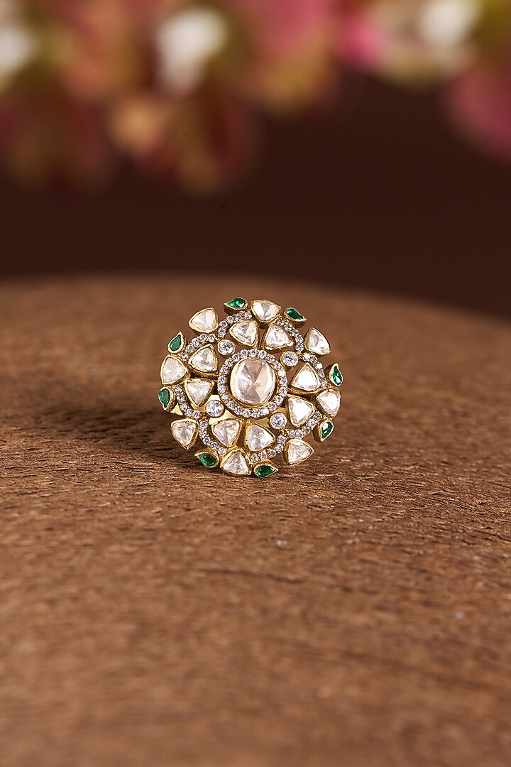 Gold Finish Moissanite Polki & Emerald Ring In Sterling Silver by STELLA CREATIONS at Pernia's Pop Up Shop