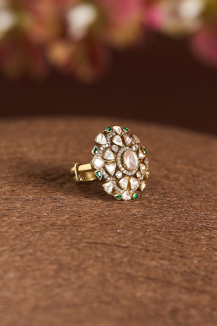 Gold Finish Moissanite Polki & Emerald Ring In Sterling Silver by STELLA CREATIONS at Pernia's Pop Up Shop