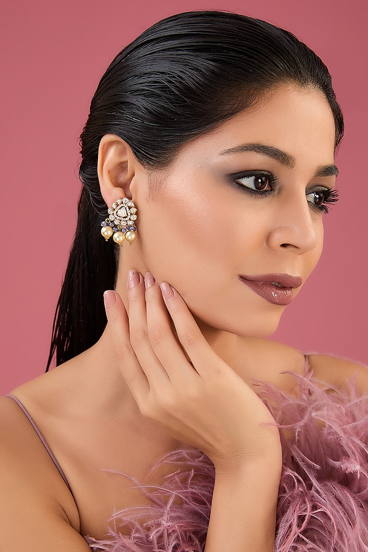 Gold Finish Moissanite Polki & Emerald Stud Earrings In Sterling Silver by STELLA CREATIONS at Pernia's Pop Up Shop