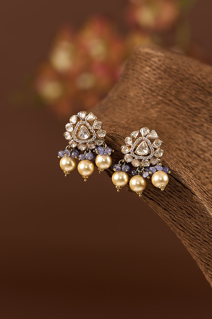 Gold Finish Moissanite Polki & Emerald Stud Earrings In Sterling Silver by STELLA CREATIONS at Pernia's Pop Up Shop