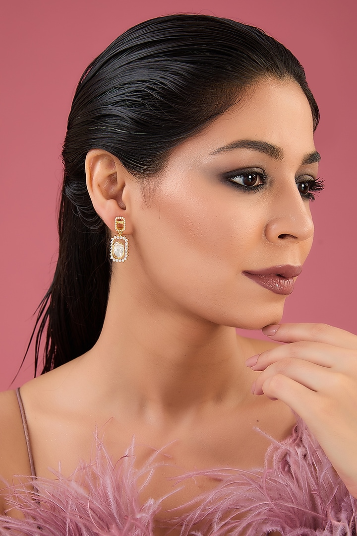 Gold Finish Moissanite Polki & CZ Dangler Earrings In Sterling Silver by STELLA CREATIONS at Pernia's Pop Up Shop