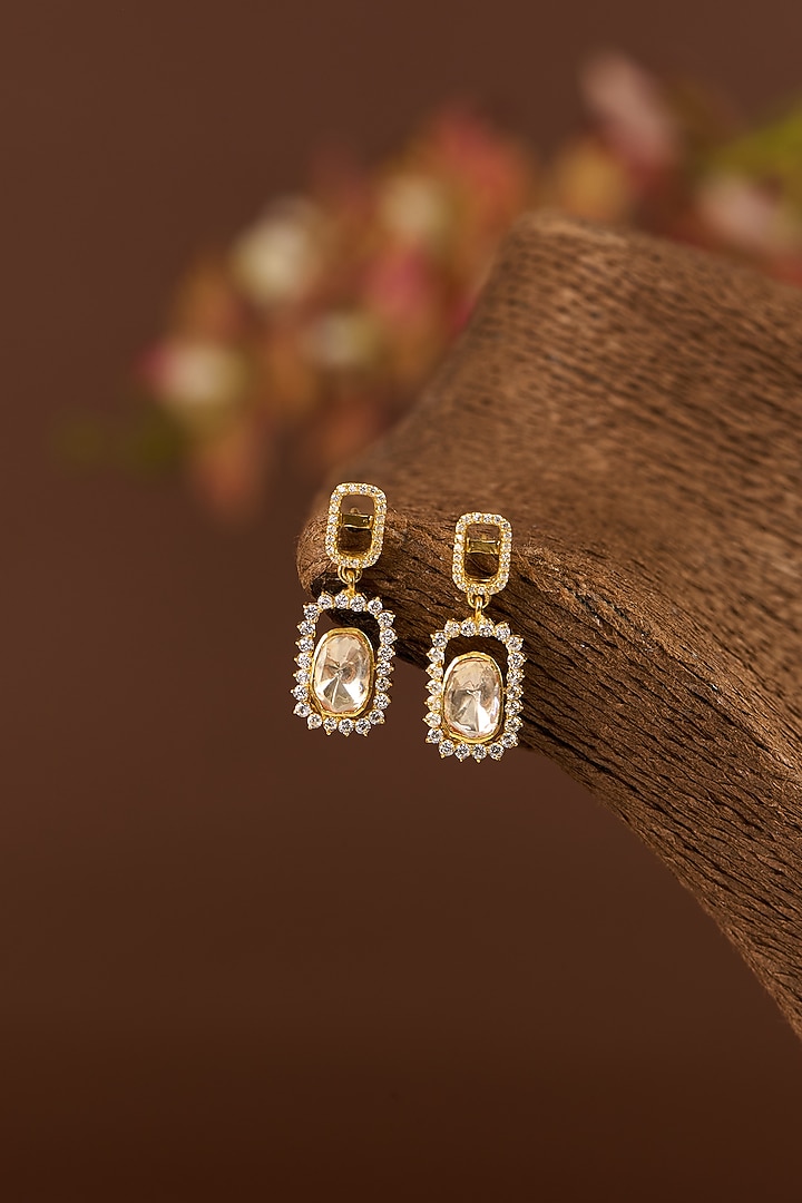 Gold Finish Moissanite Polki & CZ Dangler Earrings In Sterling Silver by STELLA CREATIONS at Pernia's Pop Up Shop