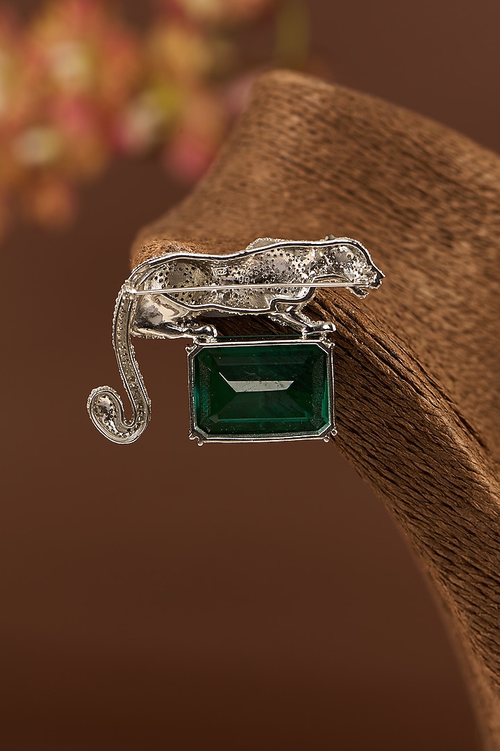 White Finish Zircon & Emerald Enameled Brooch In Sterling Silver by STELLA CREATIONS at Pernia's Pop Up Shop