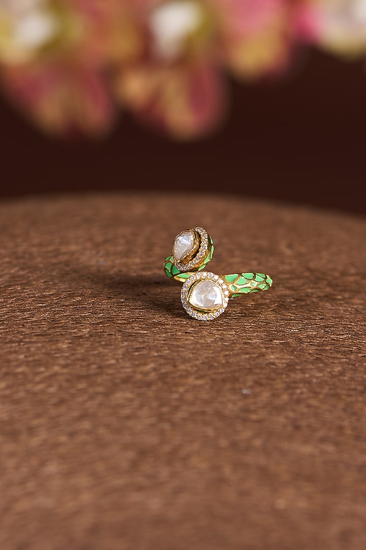 Gold Finish Moissanite Polki & CZ Enameled Ring In Sterling Silver by STELLA CREATIONS at Pernia's Pop Up Shop