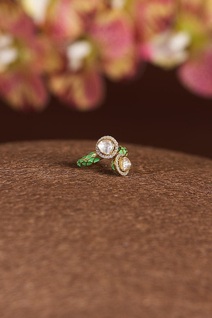 Gold Finish Moissanite Polki & CZ Enameled Ring In Sterling Silver by STELLA CREATIONS at Pernia's Pop Up Shop