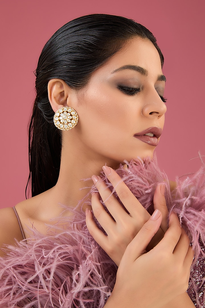 Gold Finish Moissanite Polki & CZ Stud Earrings In Sterling Silver by STELLA CREATIONS at Pernia's Pop Up Shop