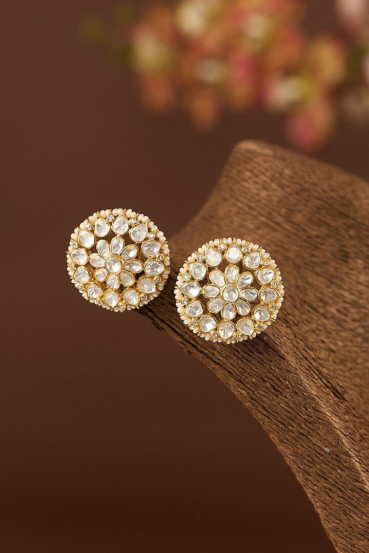 Gold Finish Moissanite Polki & CZ Stud Earrings In Sterling Silver by STELLA CREATIONS at Pernia's Pop Up Shop
